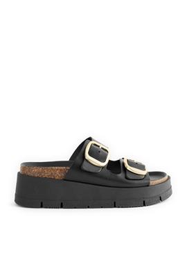 FOREVER COMFORTÂ® LEATHER DOUBLE BUCKLE FLATFORM SHOES - шлепанцы hoch