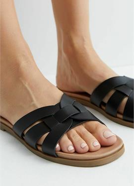 WIDE FIT BLACK CROSS STRAP SLIDERS - шлепанцы flach