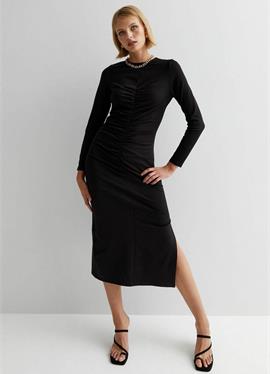 BLACK RUCHED FRONT LONG SLEEVE - платье